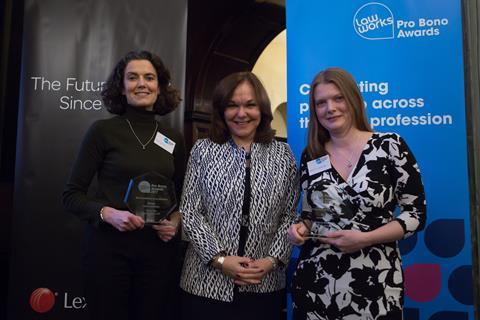 Best Contribution by an Individual –  The jointly nominated winners Felicity Kirk, Ropes & Gray LLP, and Rebecca Greenhalgh, Ashurst LLP, receiving their award from Hilarie Bass (President, American Bar Association)